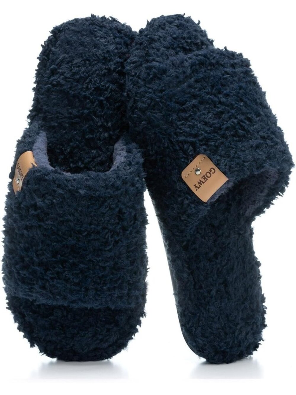 Women's Navy Blue Memory Foam Open Toe Soft Faux Fur Non Slip Washable Slippers